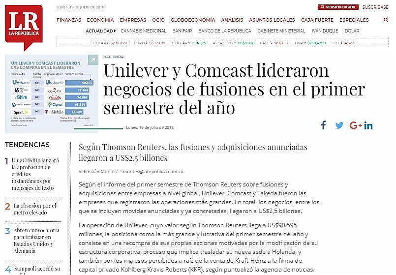 Unilever y Comcast lideraron negocios de fusiones en el primer semestre del ao